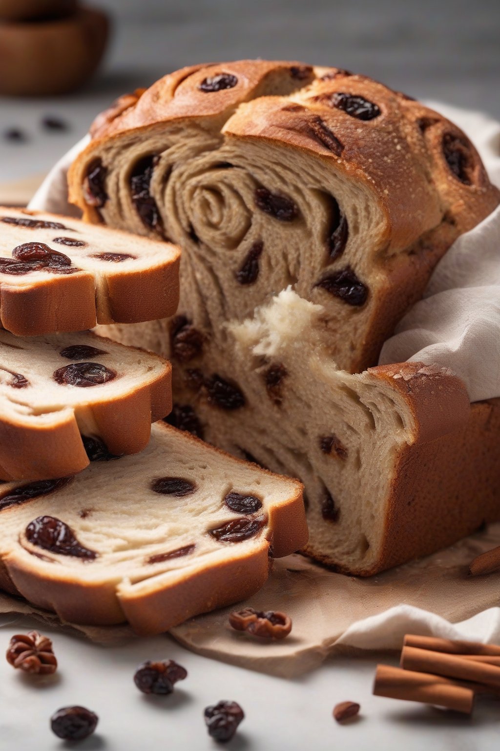 A high-resolution photo of cinnamon raisin sandwich bread sliced to reveal swirls and plump raisins in soft dough, under soft lighting.
