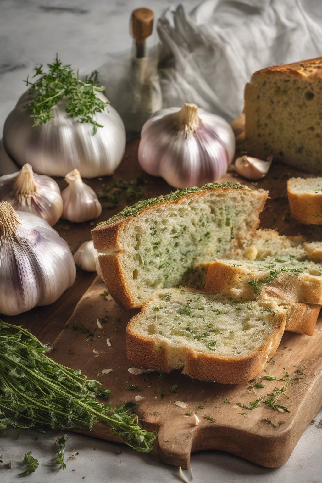 A high-resolution photo of garlic herb sandwich bread with rustic crust, fluffy herb-flecked interior exposed in slices, under soft lighting.