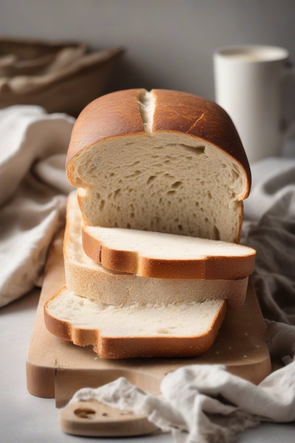 A high-resolution photo of vegan soft sandwich bread loaf sliced open to pillowy white crumb, simple and inviting, under soft lighting.