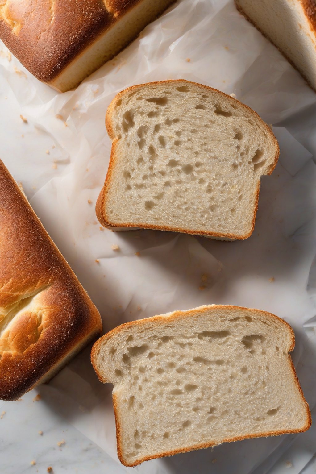 A high-resolution photo of overnight-proofed sandwich bread with perfect dome and open crumb in slices, under soft lighting.