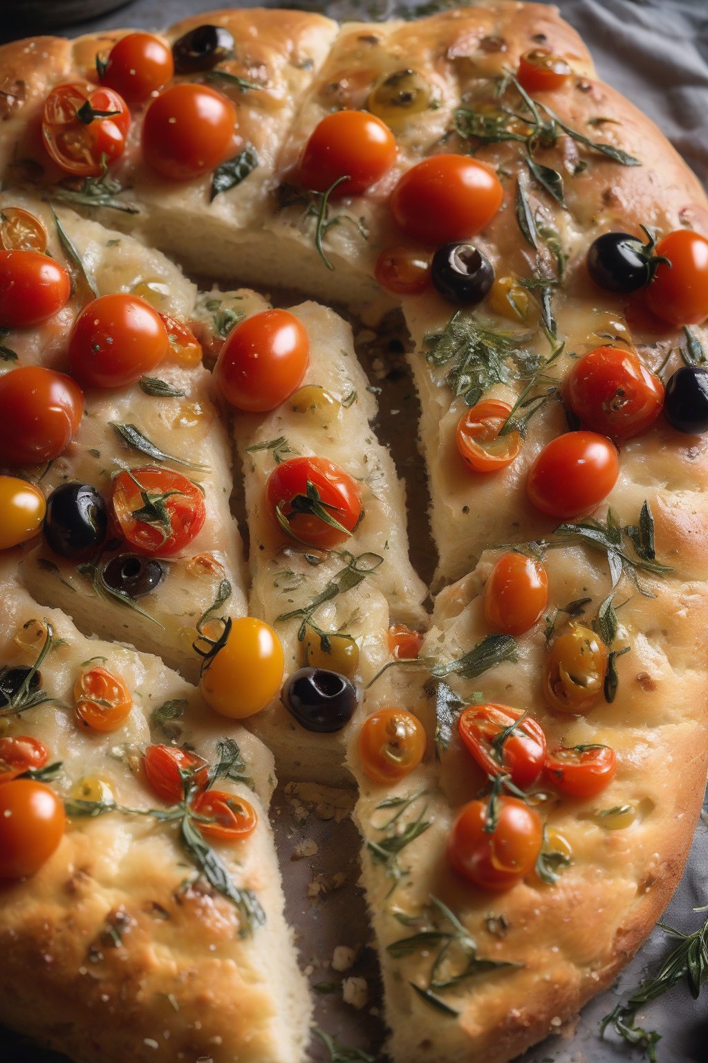 A high-resolution close-up photo of bubbly sourdough focaccia studded with cherry tomatoes and olives, herbs scattered atop under soft lighting.