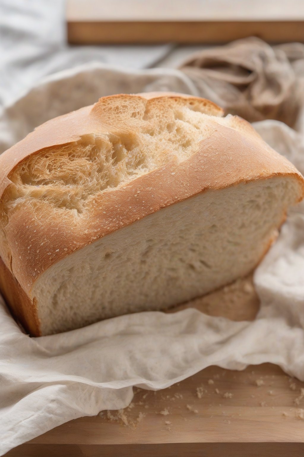 A high-resolution photo of sourdough discard sandwich bread sliced to show tender, slightly tangy crumb, under soft lighting.