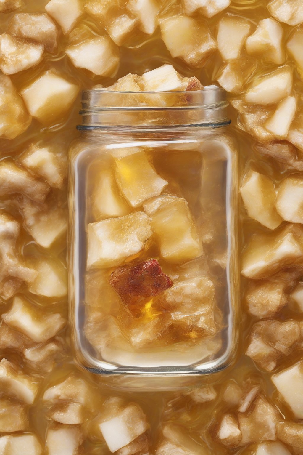 A high-resolution photo of a glass jar filled with vibrant classic fire cider, chunks of ginger and garlic visible through the golden liquid, under soft lighting.
