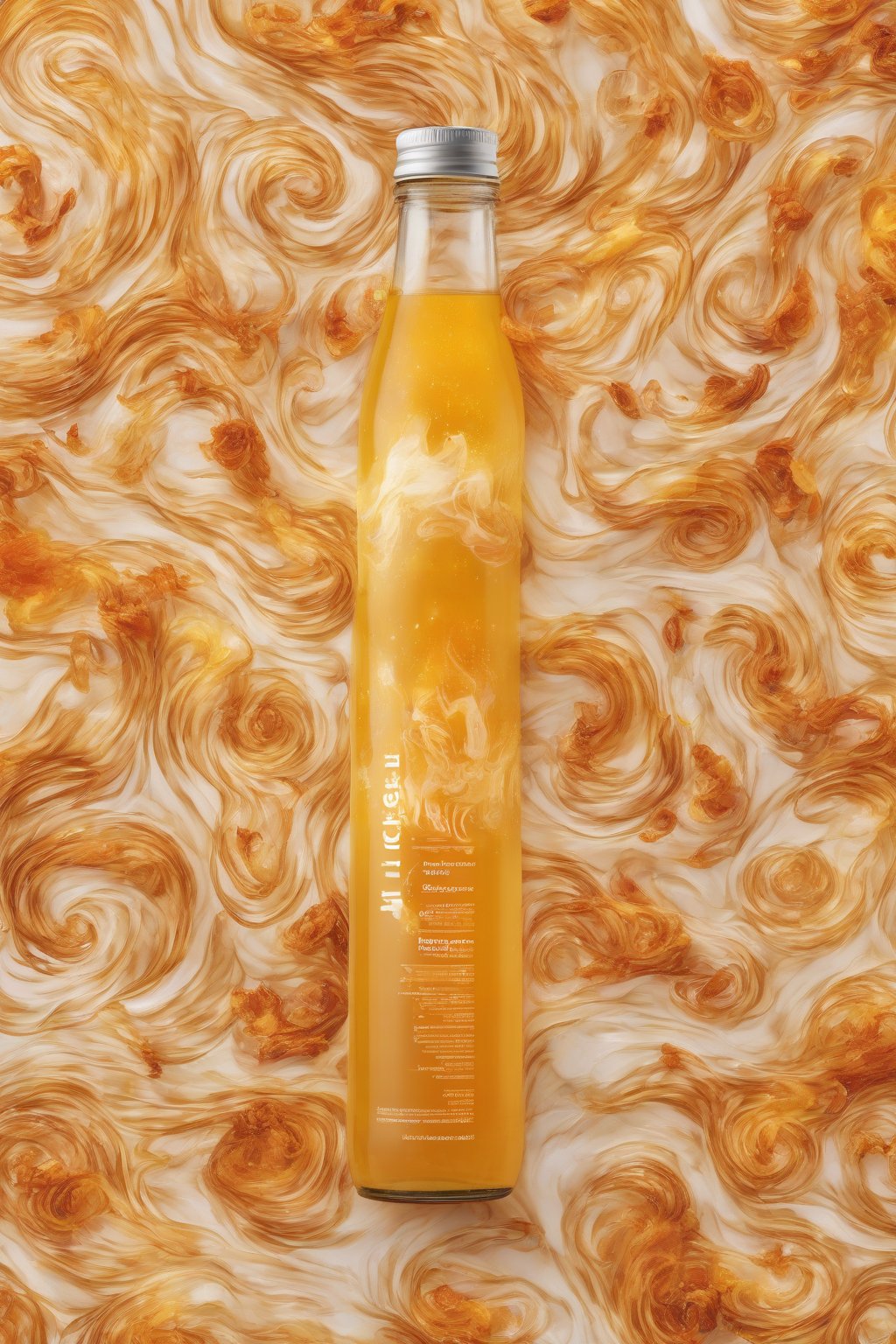 A high-resolution photo of turmeric-ginger fire cider in a clear bottle, swirling orange hues with floating spices, under soft lighting.