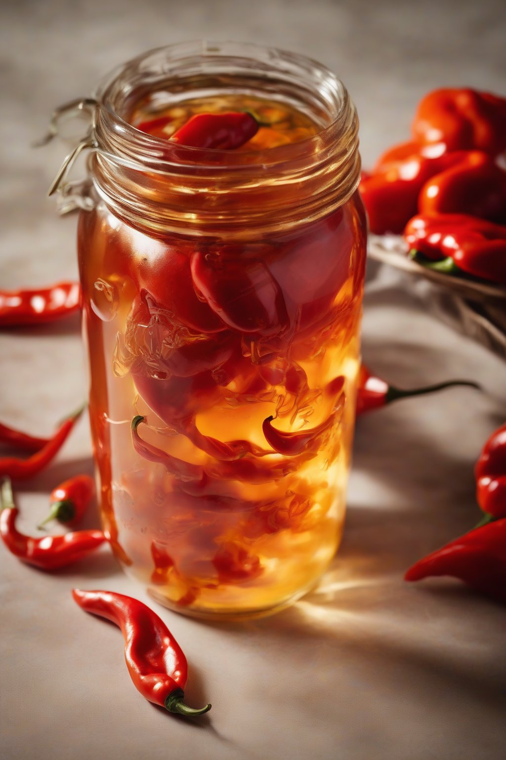 A high-resolution photo of habanero fire cider in a jar, fiery red peppers suspended in amber vinegar, under soft lighting.