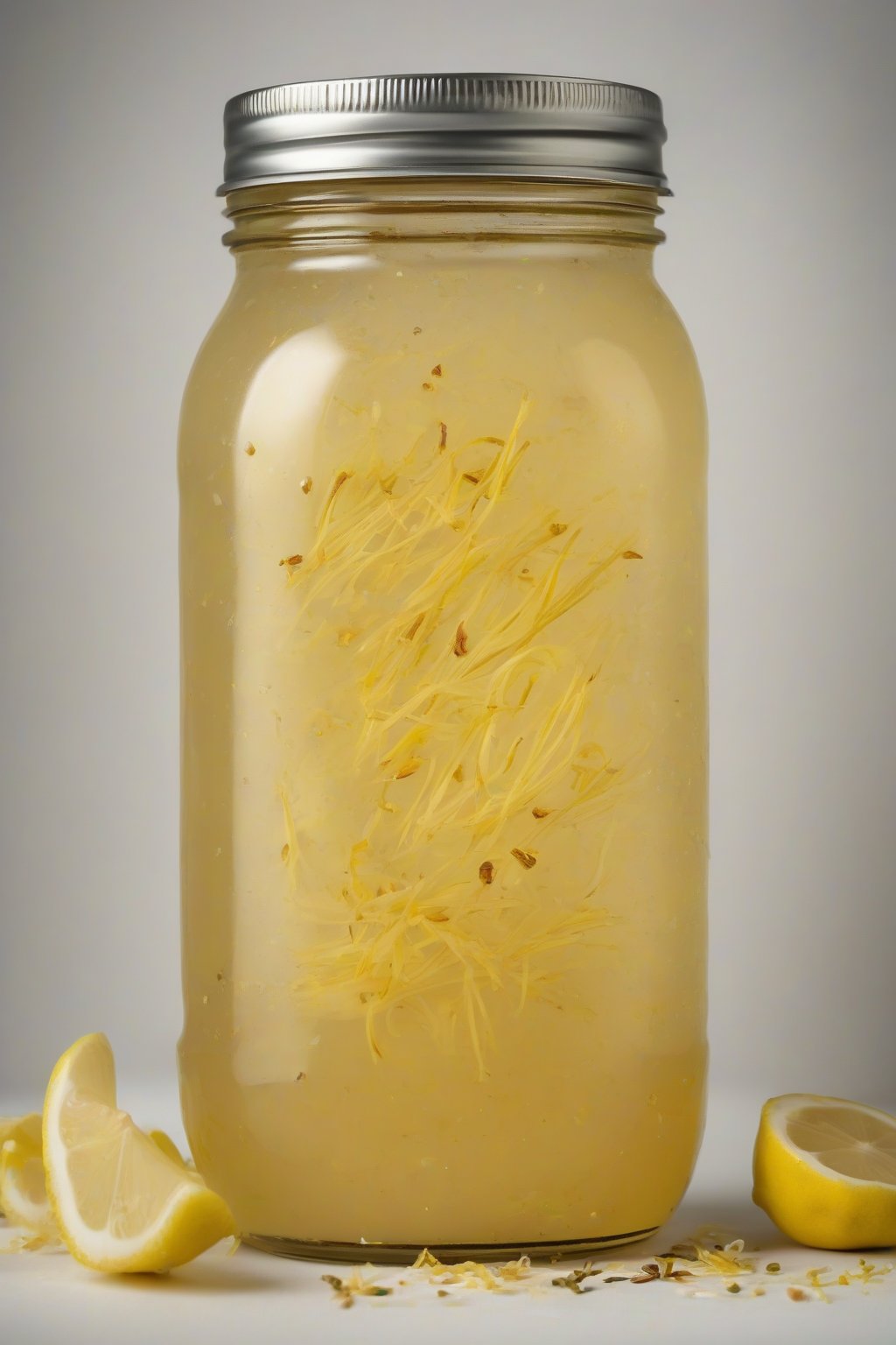 A high-resolution photo of lemon-garlic fire cider glowing yellow in a mason jar, lemon zest flecks throughout, under soft lighting.