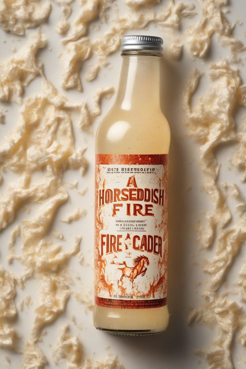 A high-resolution photo of horseradish fire cider in a bottle, creamy white shreds in spicy liquid, under soft lighting.