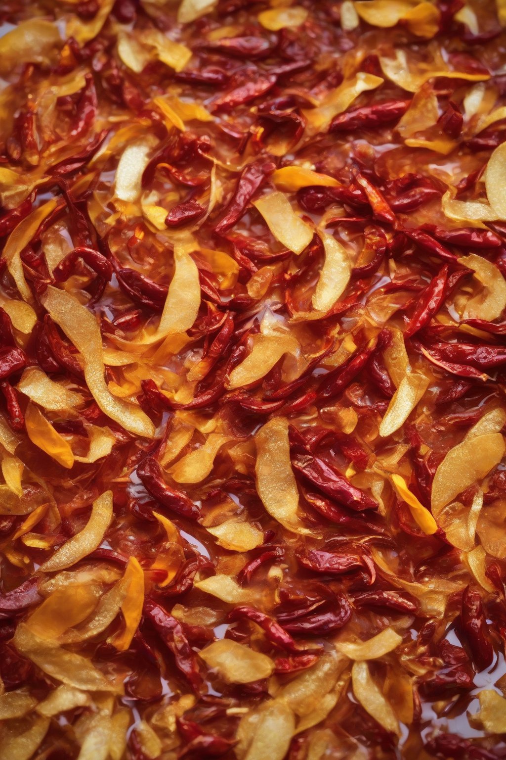 A high-resolution photo of chili-orange fire cider, orange peels and red chili flecks in golden brew, under soft lighting.