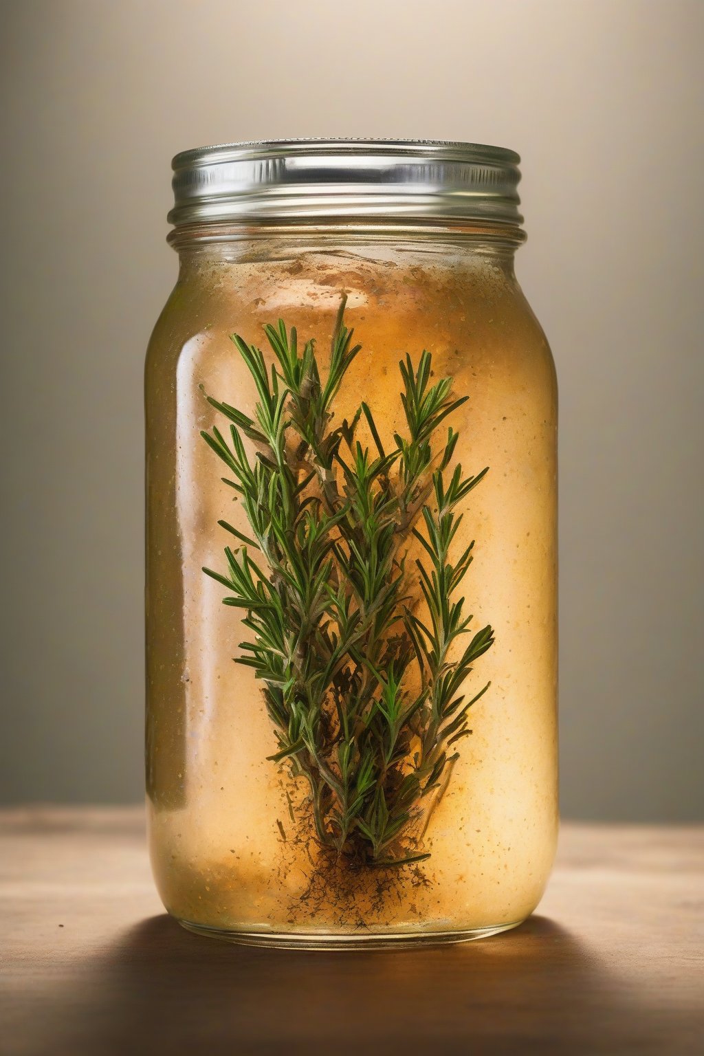 A high-resolution photo of rosemary-thyme fire cider in a jar, green herb sprigs amid spicy sediment, under soft lighting.