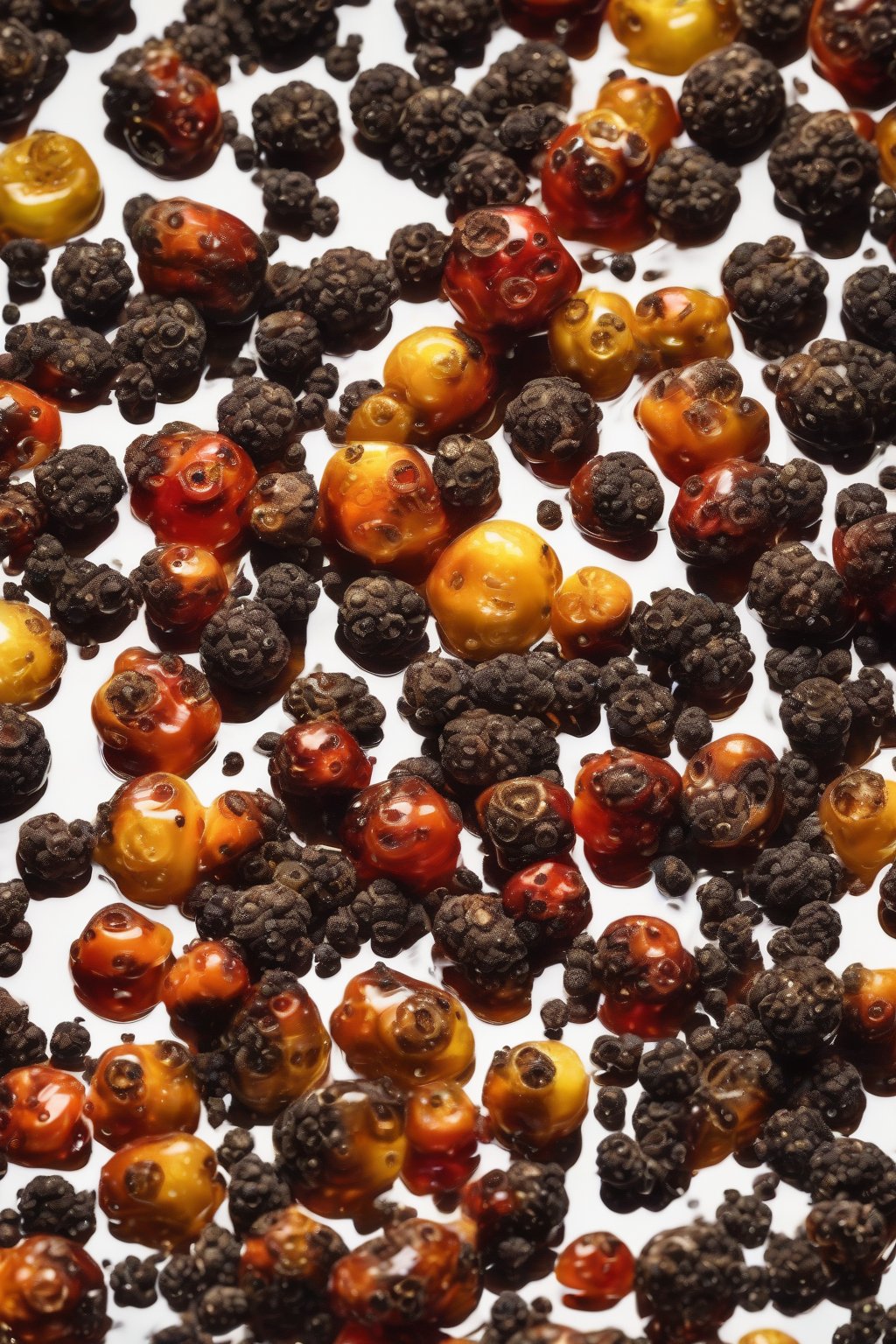 A high-resolution photo of black pepper fire cider, dark peppercorns swirling in fiery liquid, under soft lighting.