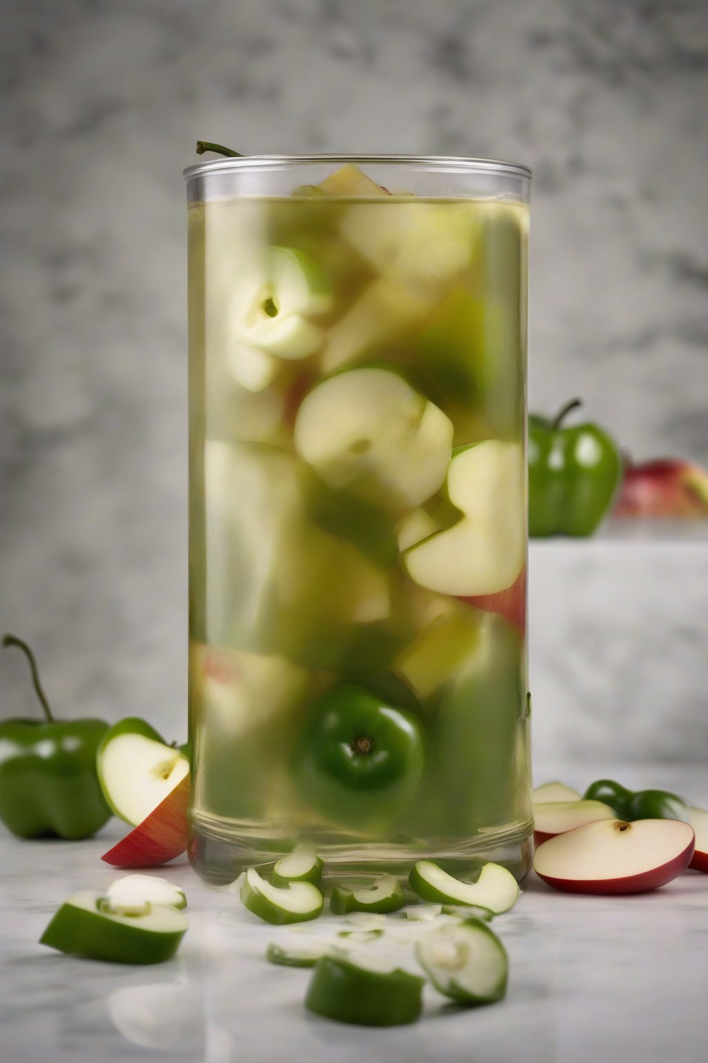 A high-resolution photo of jalapeño-apple fire cider, apple chunks and green peppers in cloudy elixir, under soft lighting.