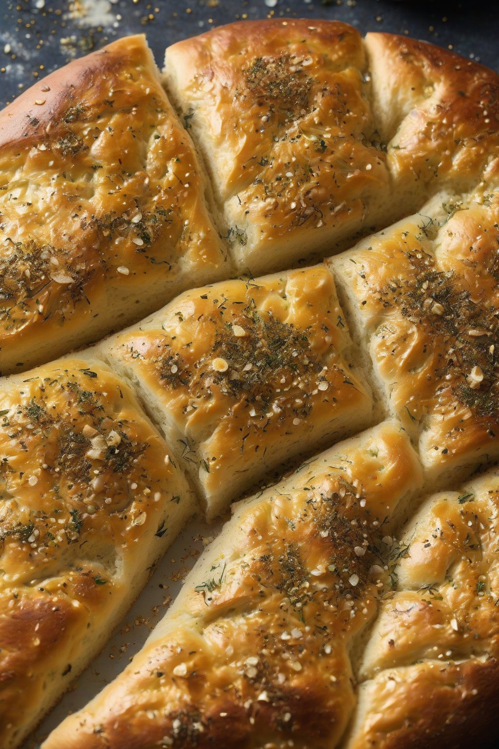 A high-resolution close-up photo of aromatic bubbly sourdough focaccia with golden garlic flecks and herb sprinkles under soft lighting.