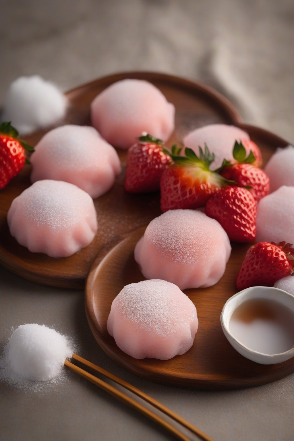 A high-resolution photo of fresh strawberry daifuku mochi on a wooden plate, glistening with a light dusting of powder under soft lighting.