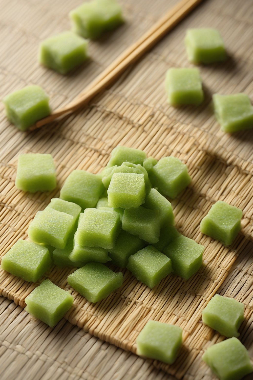 A high-resolution photo of vibrant green matcha mochi pieces scattered on a bamboo mat under soft lighting.