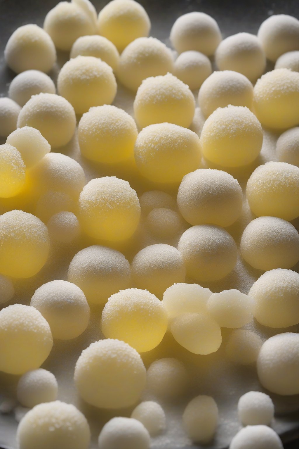 A high-resolution photo of pale yellow yuzu mochi orbs dusted with sugar, arranged artfully under soft lighting.