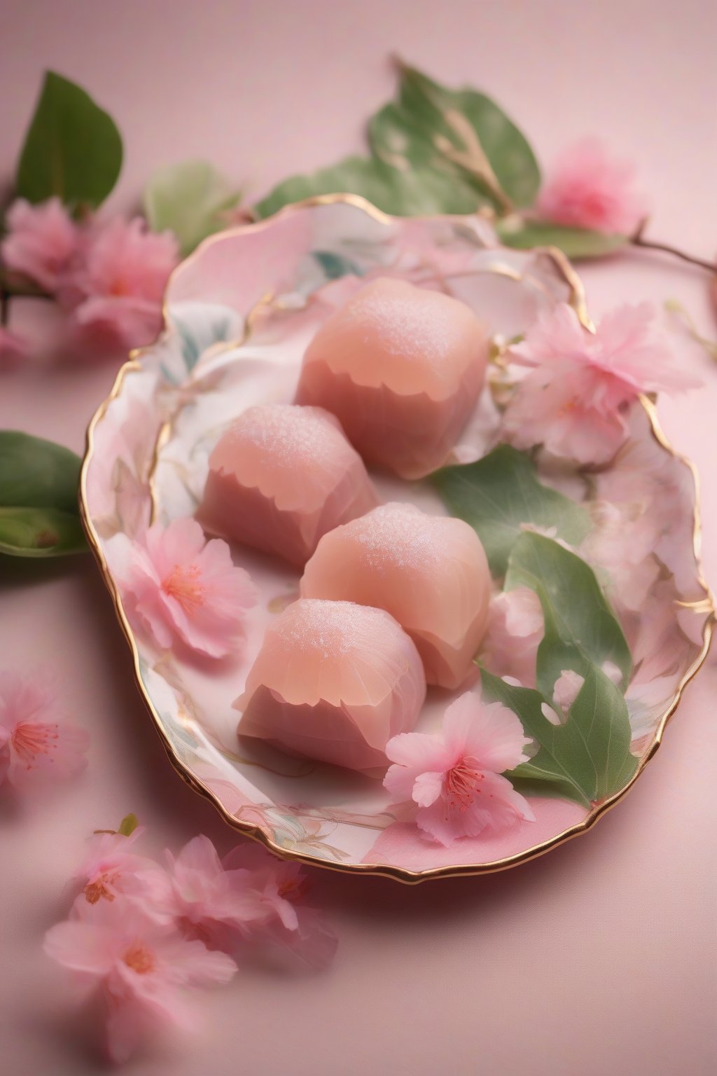 A high-resolution photo of pink sakura mochi wrapped in leaves on a floral plate under soft lighting.