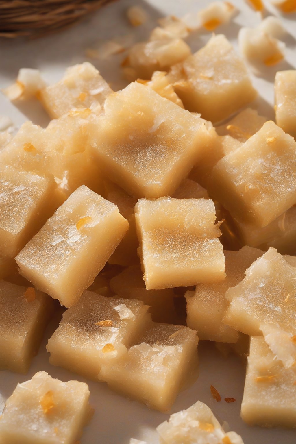 A high-resolution photo of golden coconut mochi squares stacked with flakes under soft lighting.