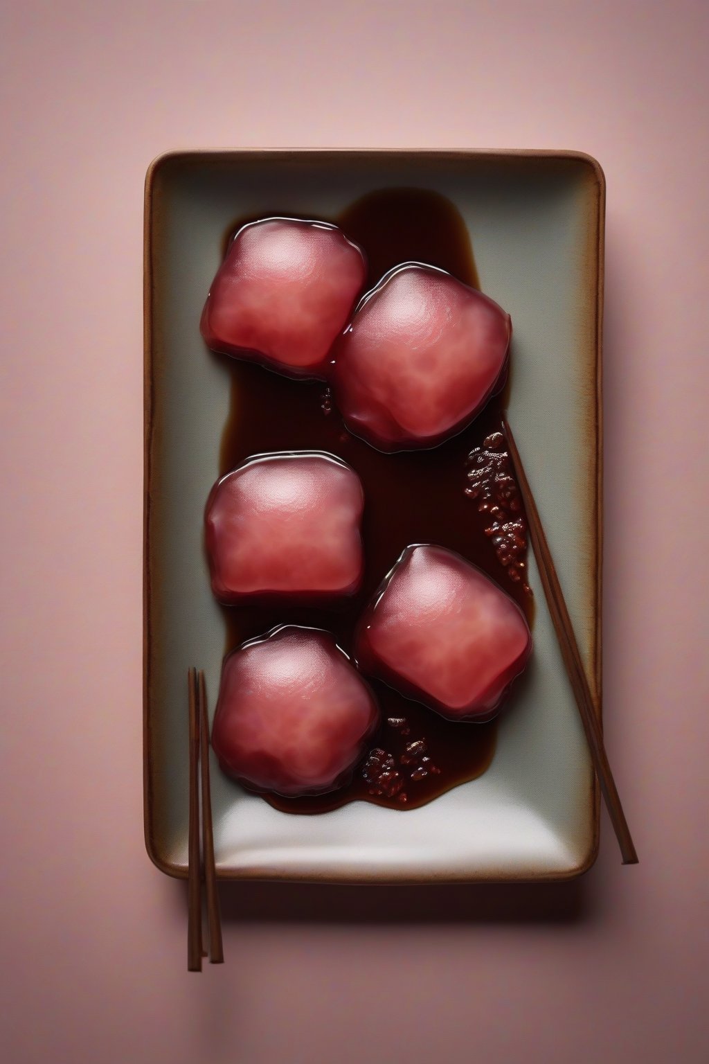 A high-resolution photo of translucent red bean warabi mochi drizzled with syrup under soft lighting.