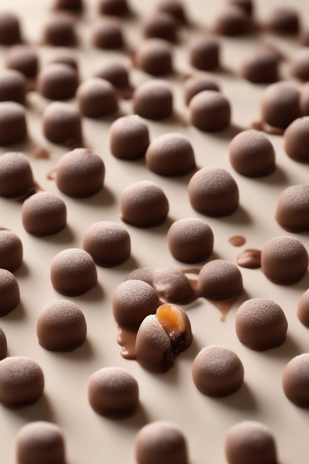 A high-resolution photo of chocolate-filled mochi bites oozing filling under soft lighting.