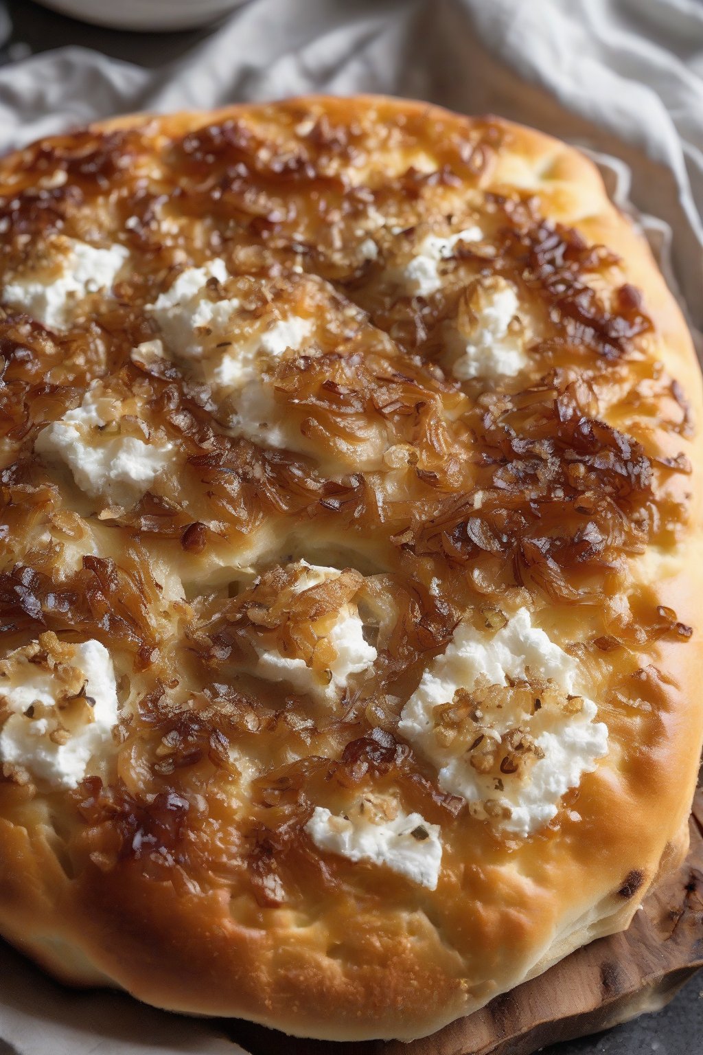 A high-resolution close-up photo of bubbly sourdough focaccia topped with caramelized onions and goat cheese crumbles under soft lighting.