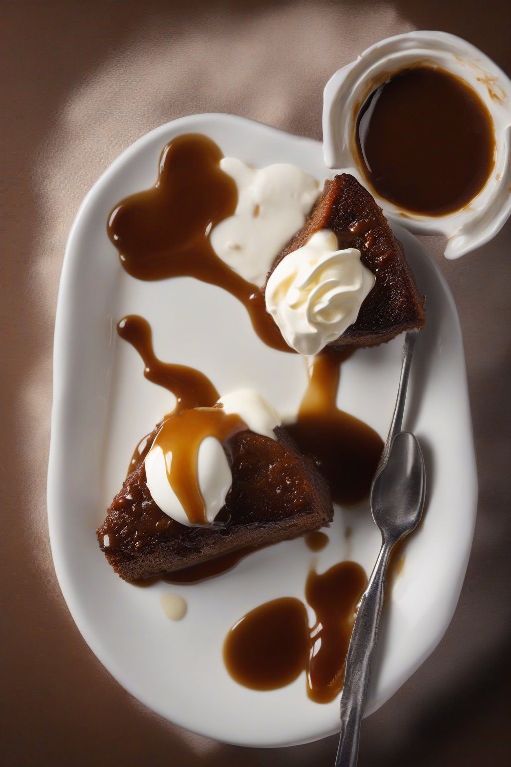 A high-resolution photo of a slice of classic sticky toffee pudding topped with toffee sauce and a dollop of cream, steam rising under soft lighting.