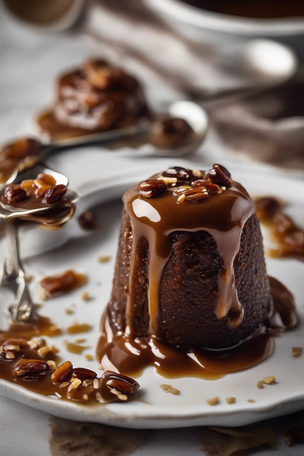 A high-resolution photo of vegan sticky toffee pudding oozing toffee sauce, garnished with chopped dates under soft lighting.