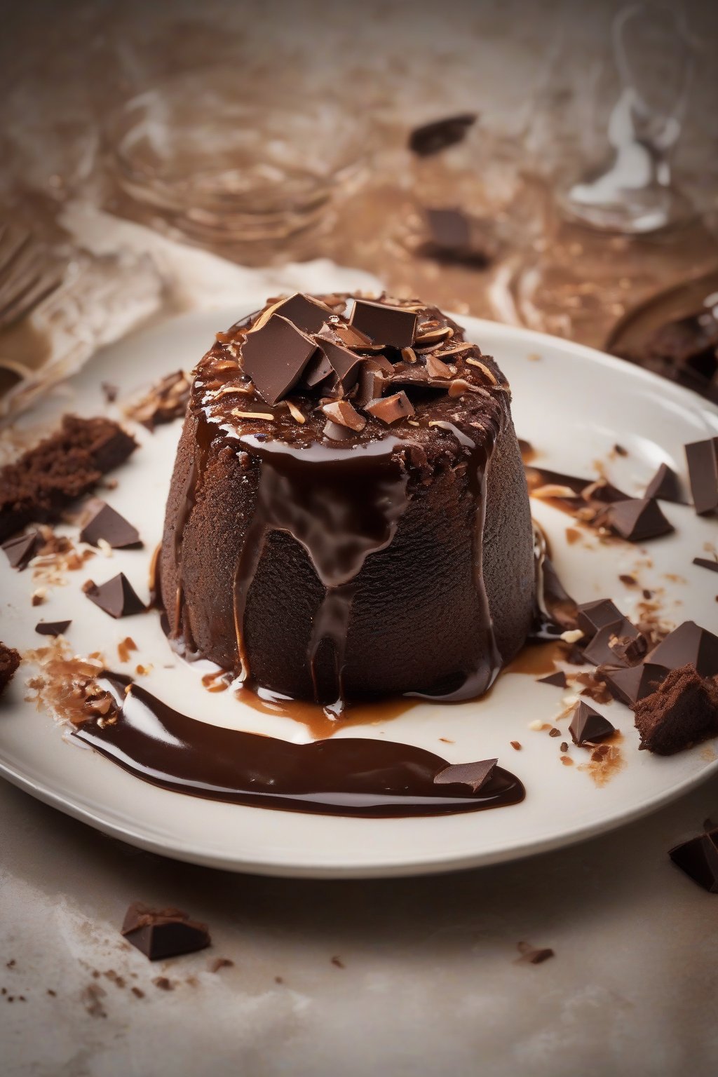 A high-resolution photo of chocolate sticky toffee pudding with molten sauce and chocolate shavings under soft lighting.