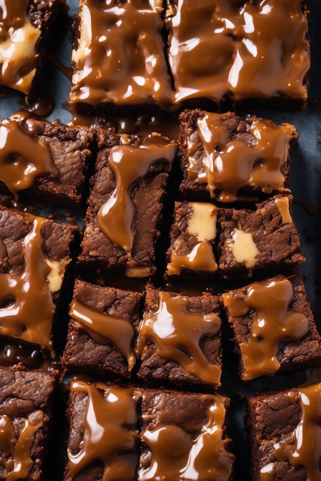 A high-resolution photo of sticky toffee brownies cut into squares, sauce dripping over the edges under soft lighting.
