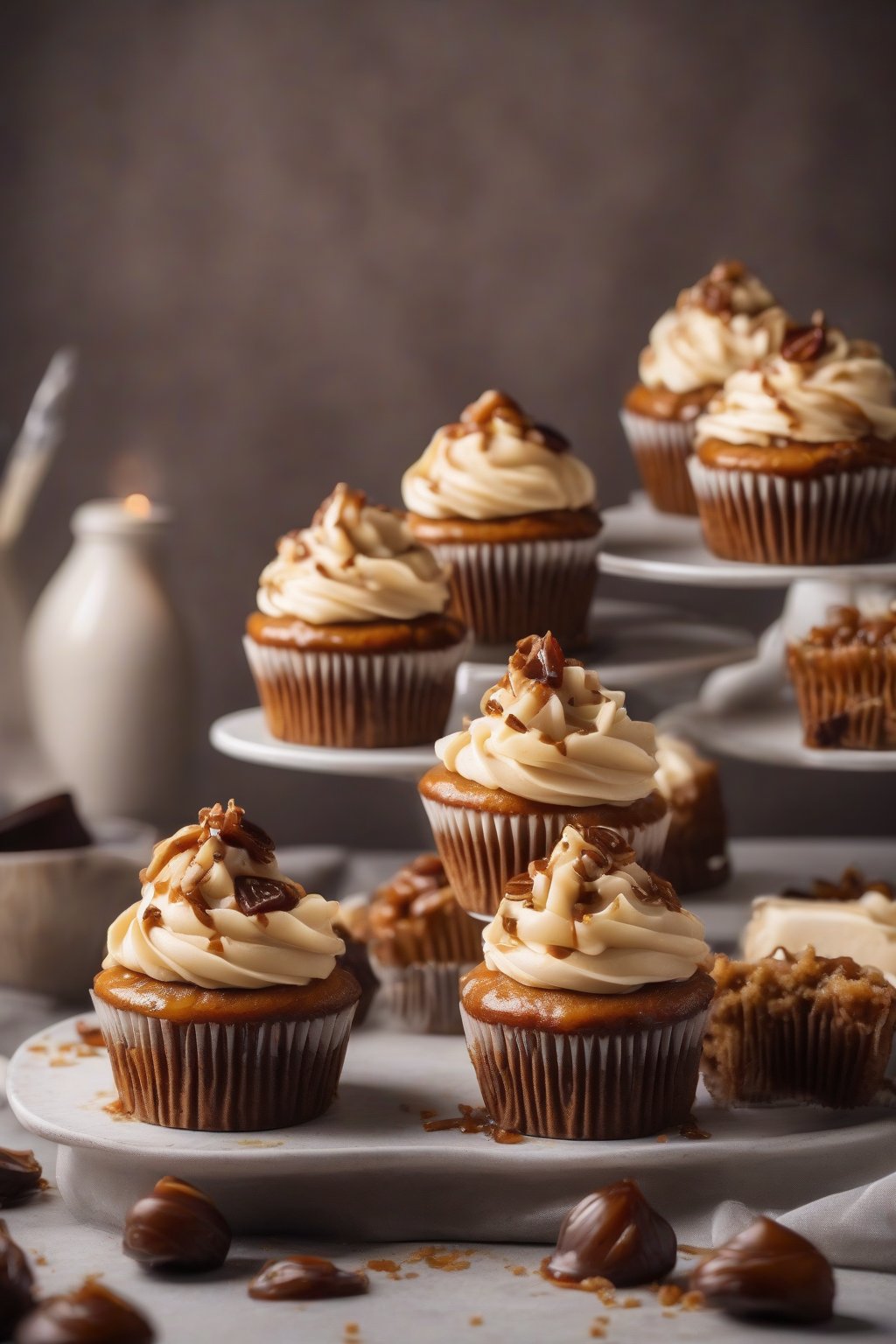 A high-resolution photo of sticky toffee cupcakes with swirled toffee frosting and date pieces under soft lighting.