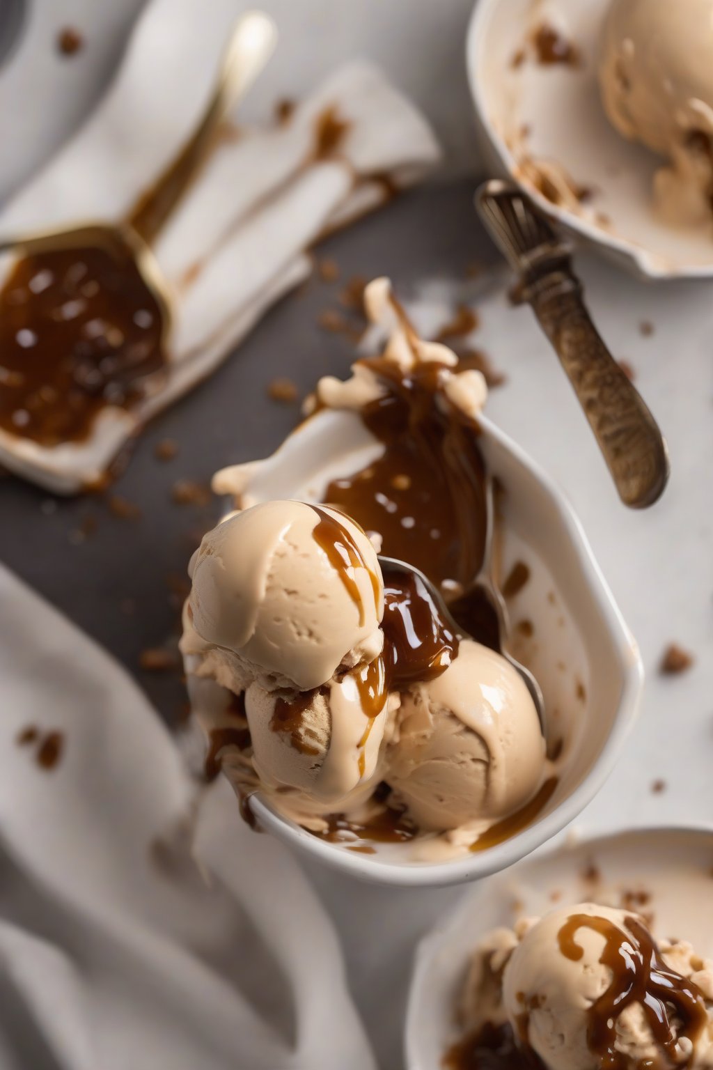 A high-resolution photo of a scoop of sticky toffee ice cream in a bowl with toffee drizzle under soft lighting.