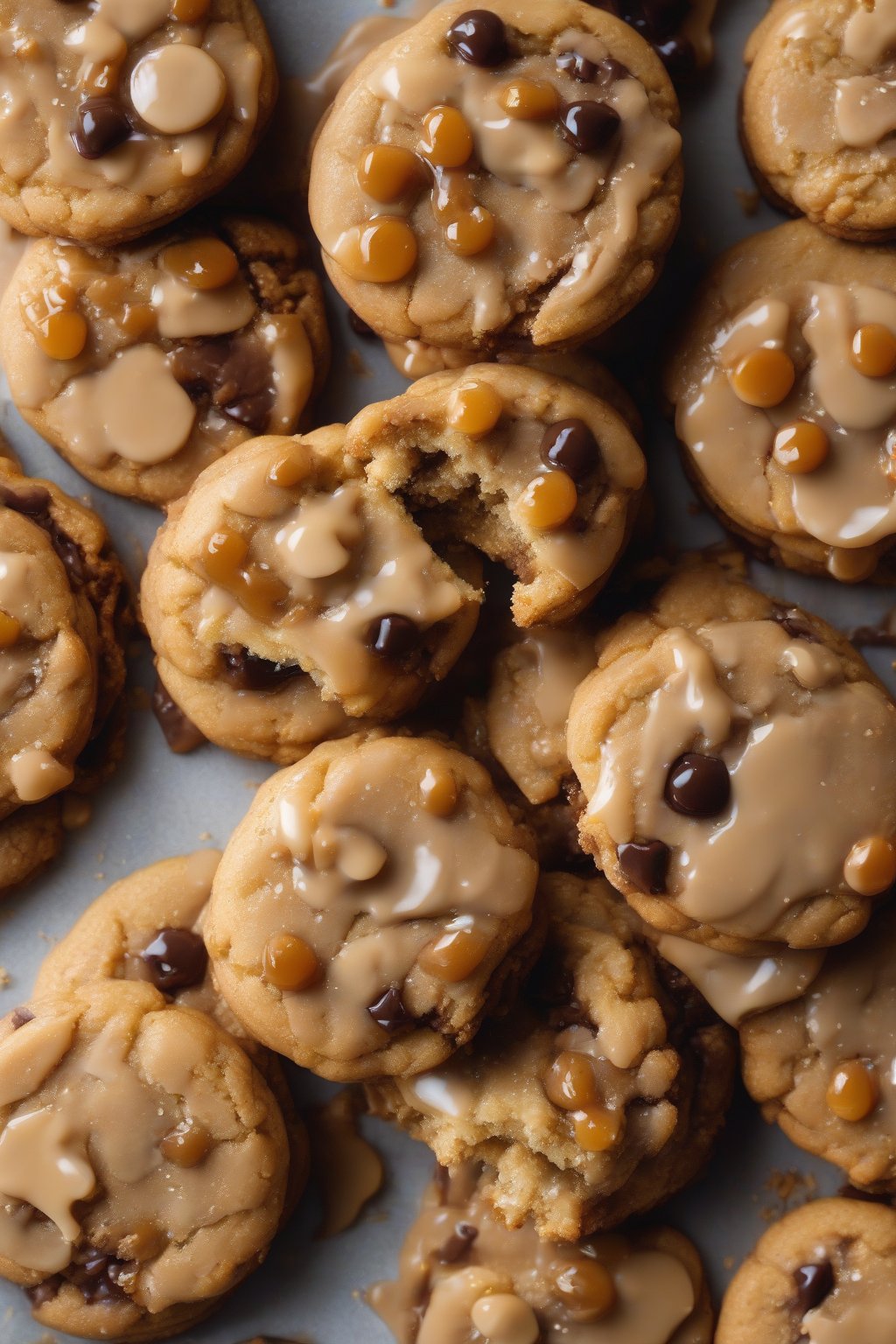 A high-resolution photo of fresh sticky toffee cookies stacked with gooey centers under soft lighting.