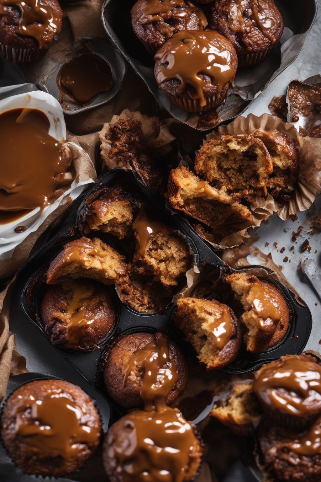 A high-resolution photo of sticky toffee muffins split open revealing sauce-soaked interiors under soft lighting.
