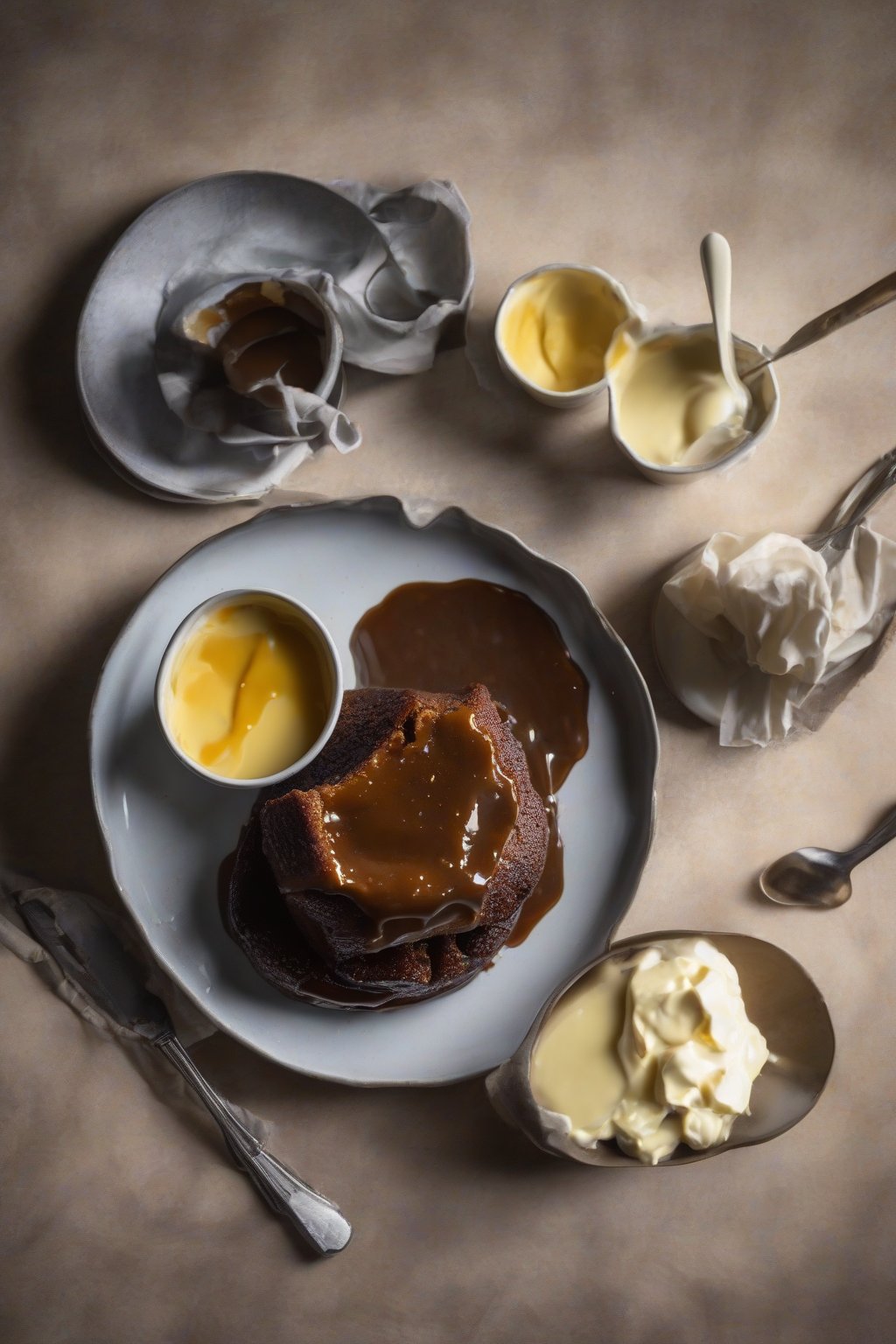 A high-resolution photo of gluten-free sticky toffee pudding served with custard under soft lighting.