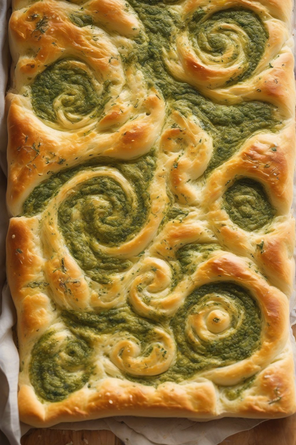 A high-resolution close-up photo of cheesy bubbly sourdough focaccia with vibrant green pesto swirls under soft lighting.