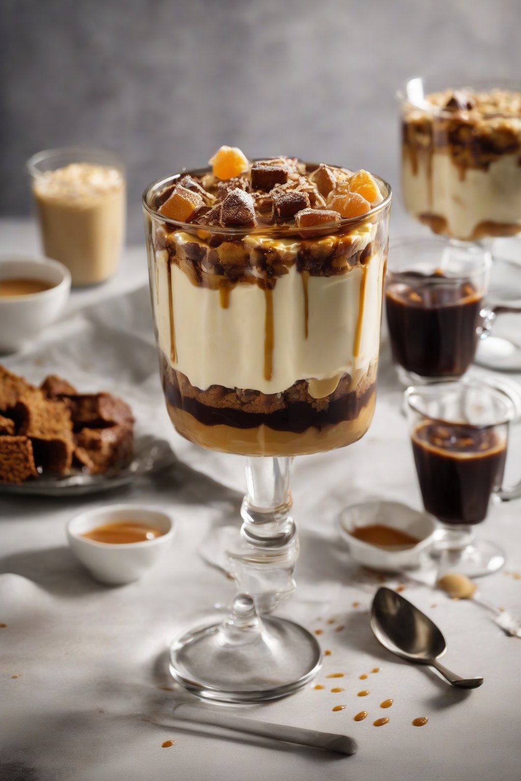 A high-resolution photo of sticky toffee trifle in a tall glass with visible layers and sauce drizzle under soft lighting.