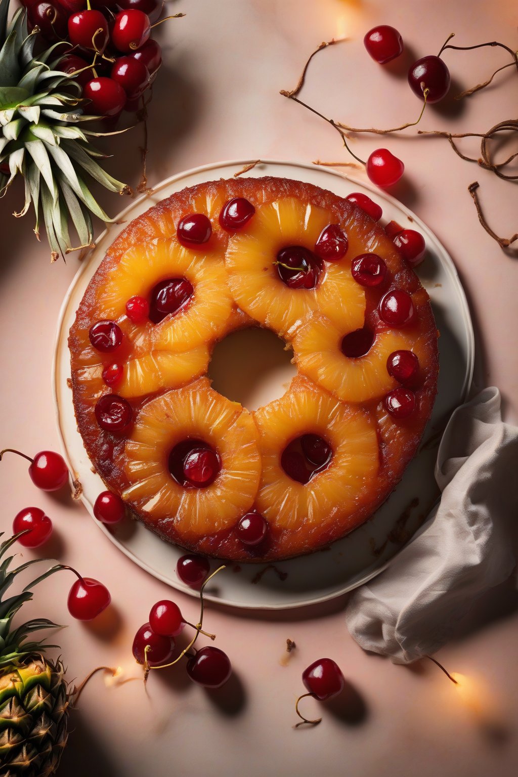 A high-resolution photo of a classic pineapple upside-down cake, sliced to show caramelized rings and cherries, under soft lighting.
