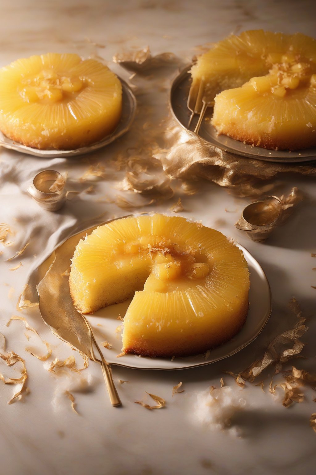 A high-resolution photo of coconut pineapple upside-down cake with golden shreds on top, steam rising, under soft lighting.