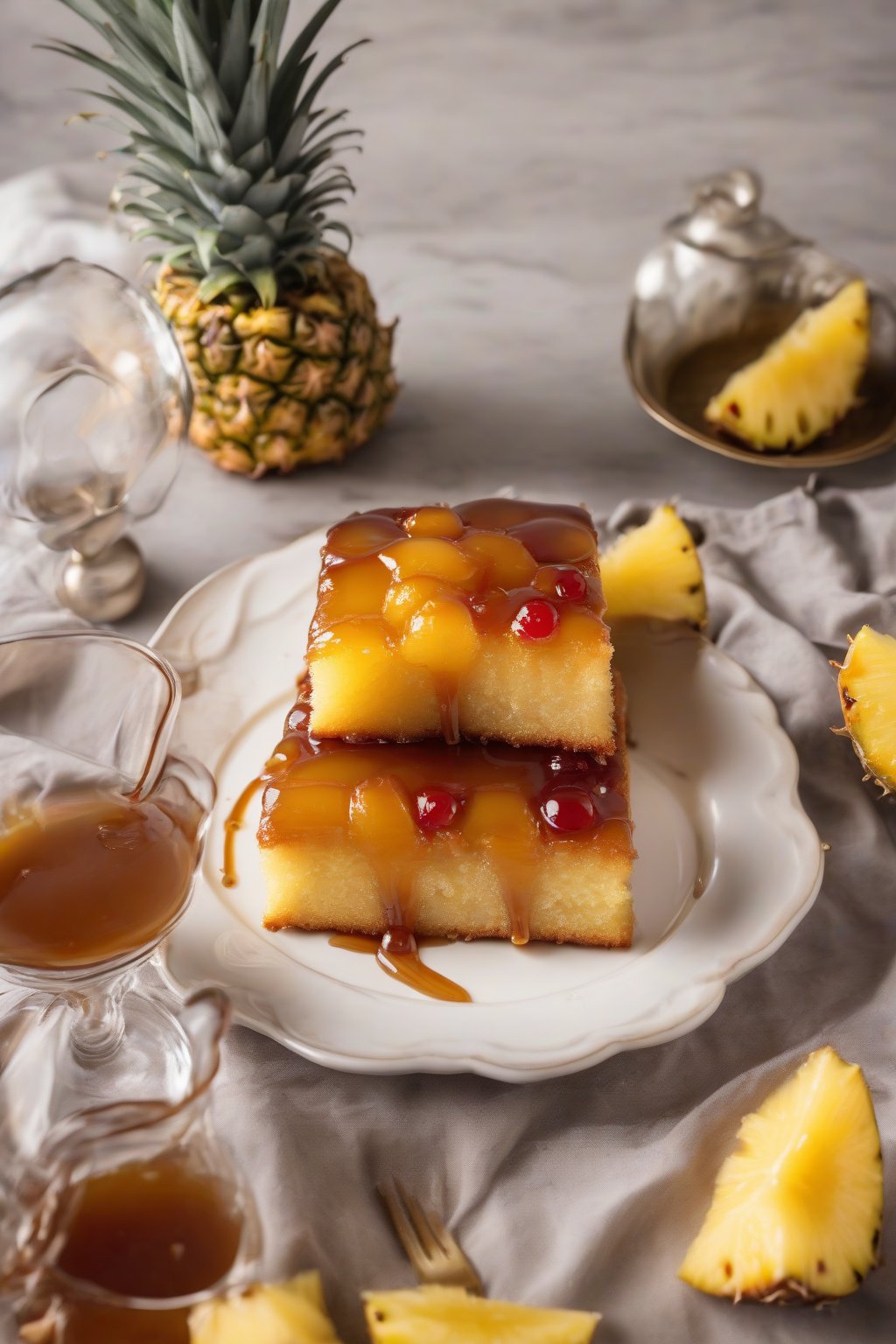 A high-resolution photo of rum pineapple upside-down cake, glossy with caramel drizzle, under soft lighting.