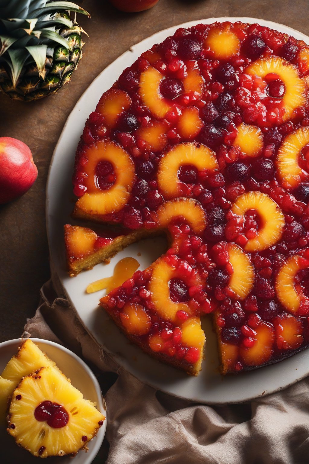 A high-resolution photo of vegan pineapple upside-down cake, vibrant fruit topping, under soft lighting.
