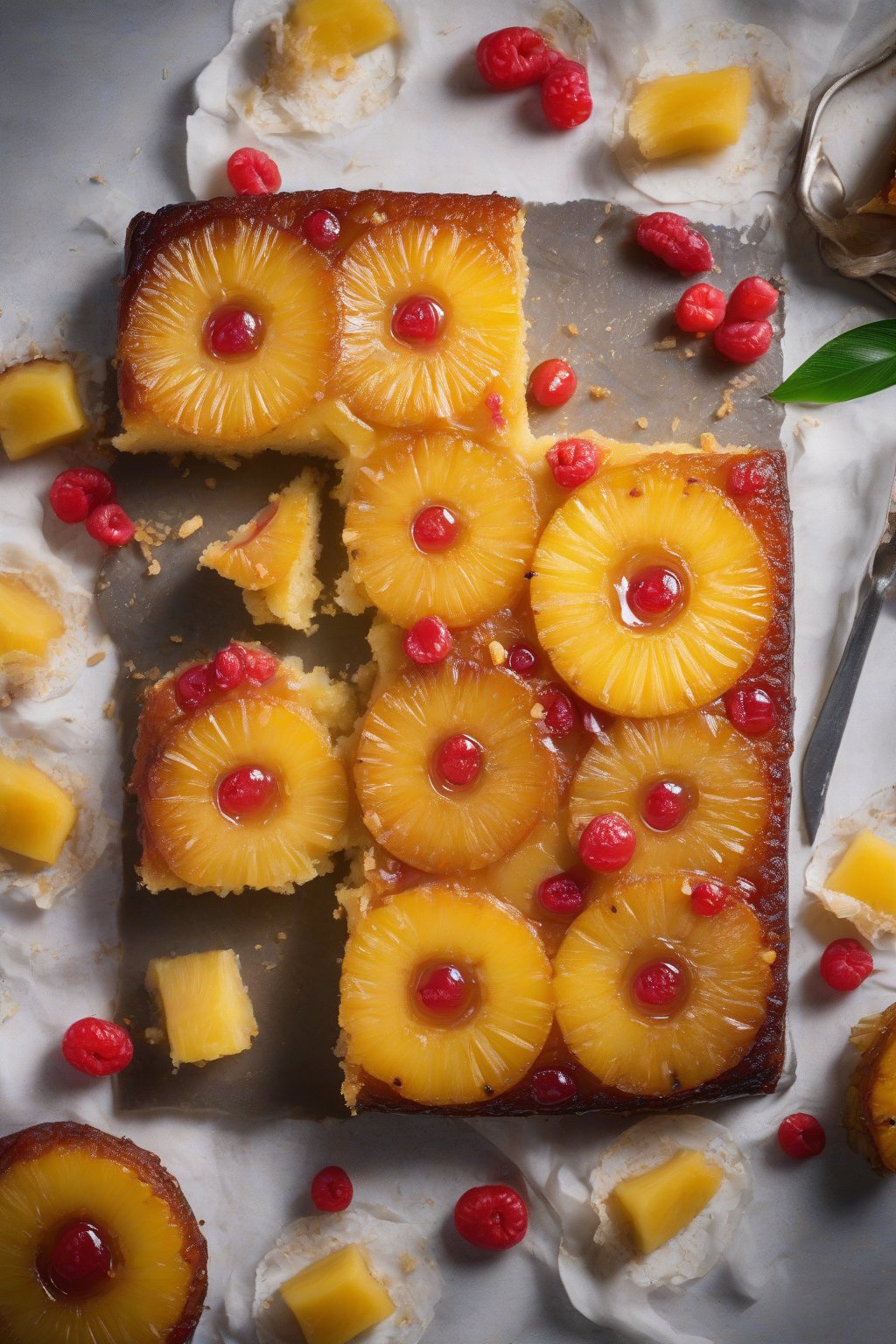A high-resolution photo of gluten-free pineapple upside-down cake, perfect slices revealing moist layers, under soft lighting.