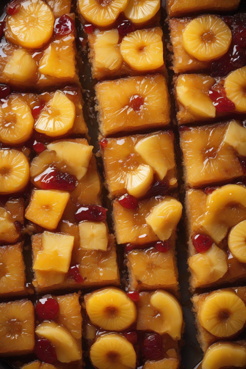 A high-resolution photo of banana-pineapple upside-down cake, caramelized fruit mosaic, under soft lighting.