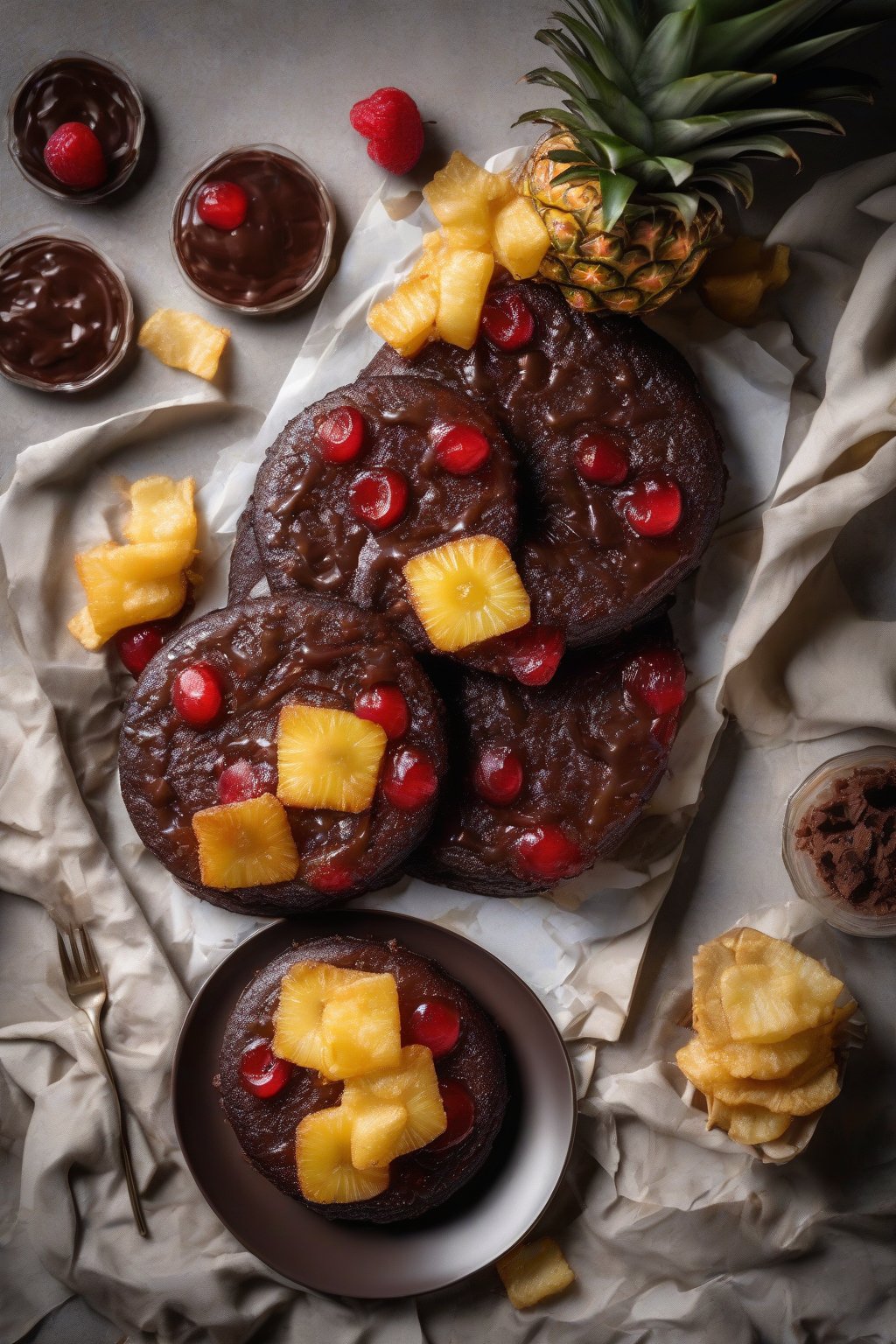 A high-resolution photo of chocolate pineapple upside-down cake, gooey chips oozing, under soft lighting.