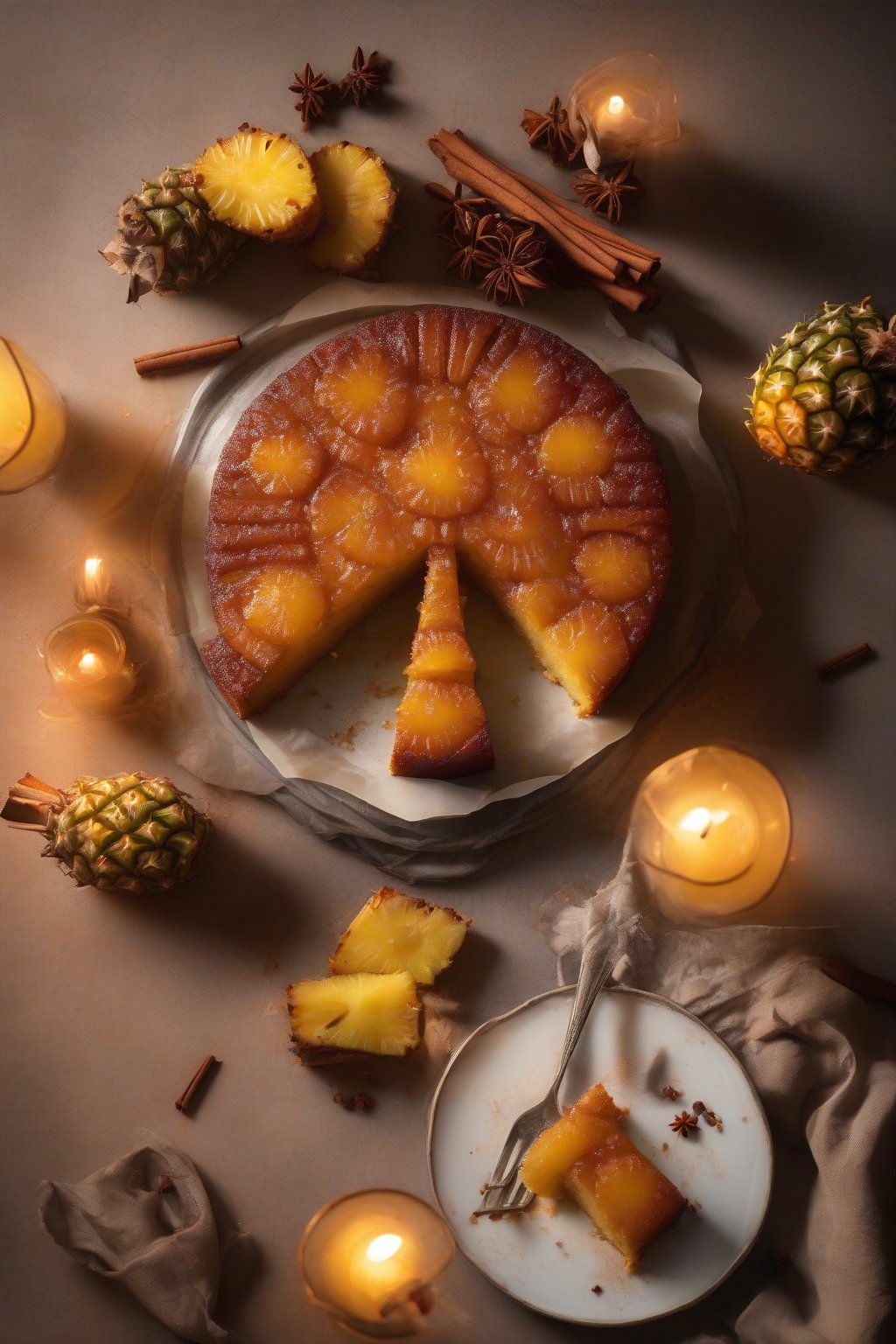 A high-resolution photo of spiced pineapple upside-down cake dusted with cinnamon, warm glow, under soft lighting.