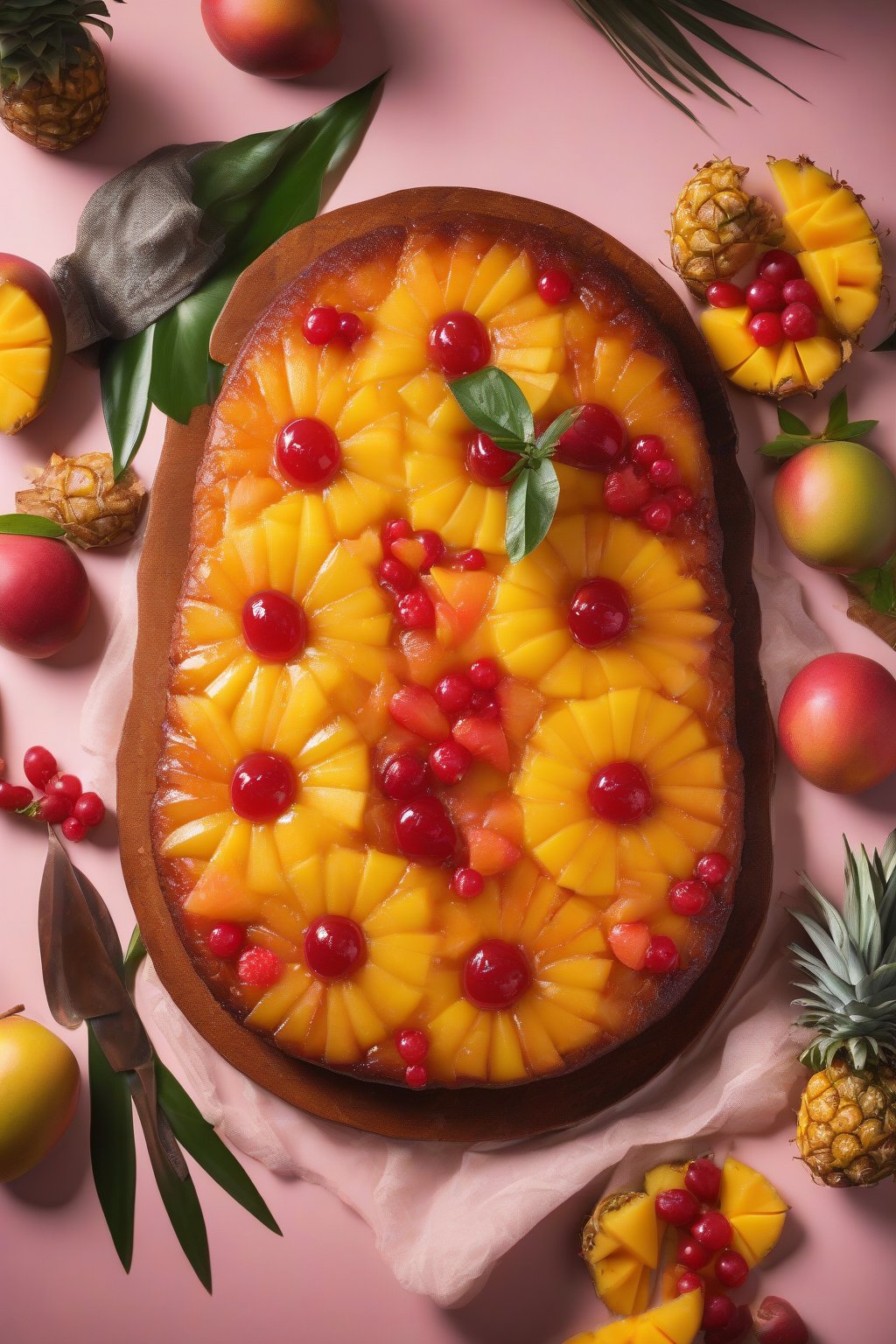 A high-resolution photo of mango-pineapple upside-down cake, juicy tropical fruits shining, under soft lighting.