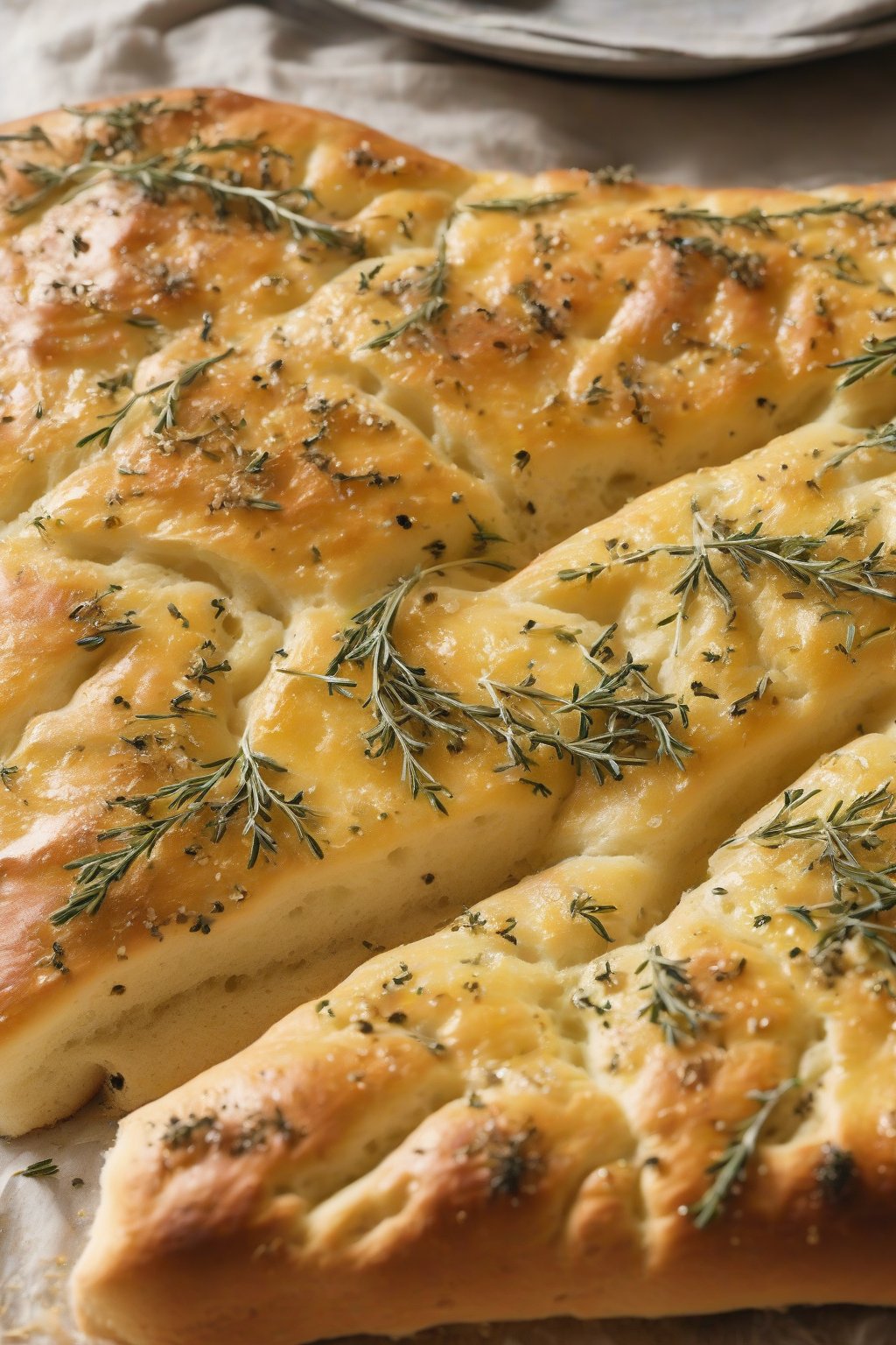 A high-resolution close-up photo of citrusy bubbly sourdough focaccia flecked with lemon zest and thyme under soft lighting.