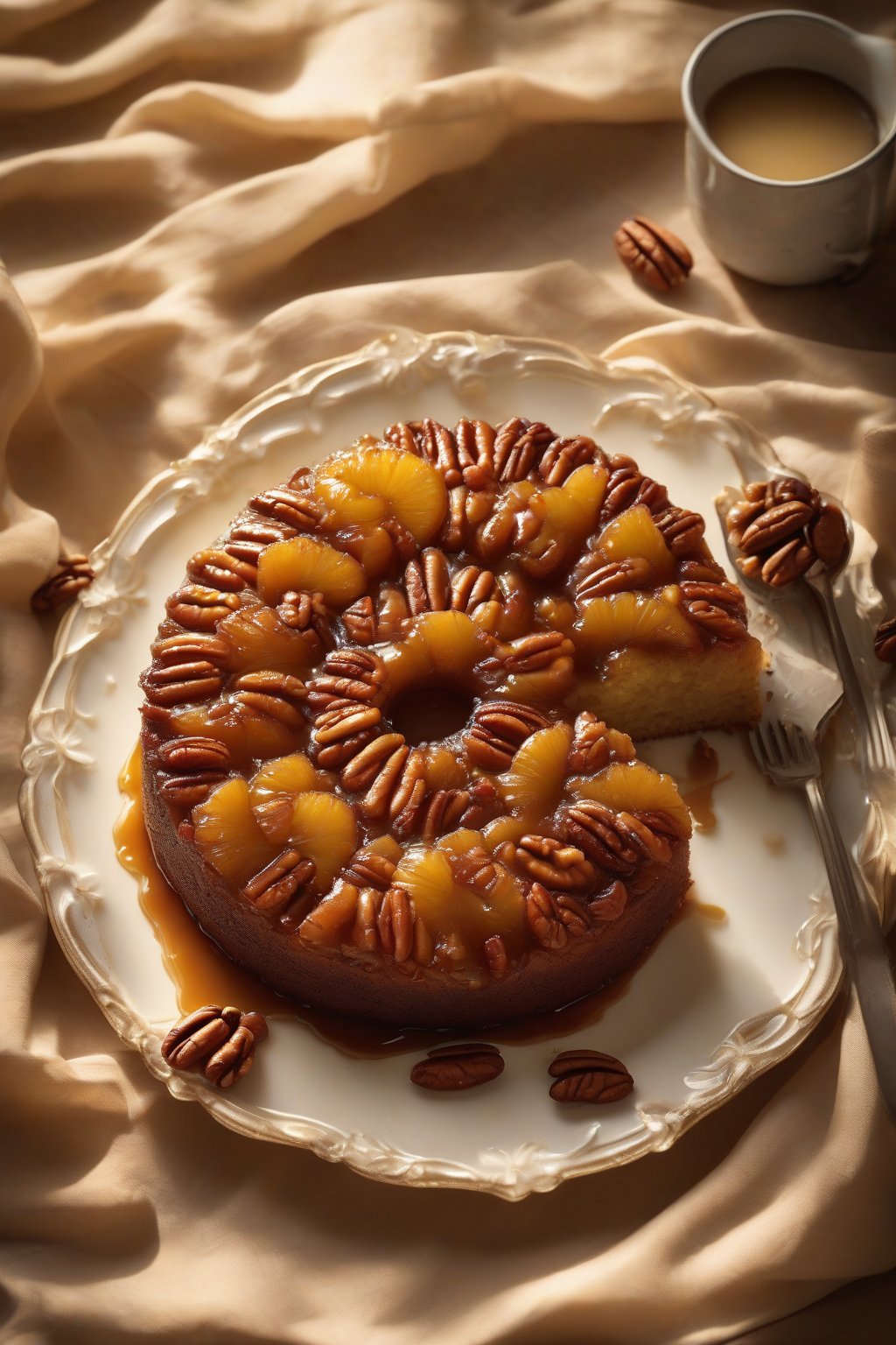 A high-resolution photo of pecan pineapple upside-down cake, nuts glistening in caramel, under soft lighting.