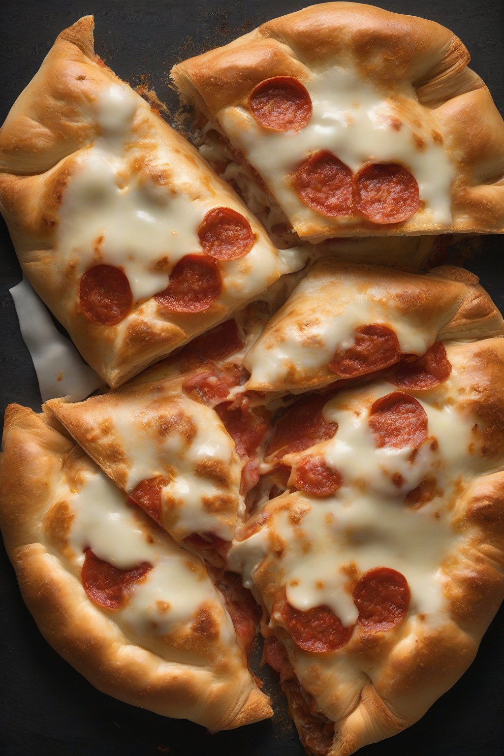 A high-resolution photo of a golden-brown pepperoni and mozzarella calzone sliced open to reveal melty cheese and pepperoni, steam rising, under soft lighting.
