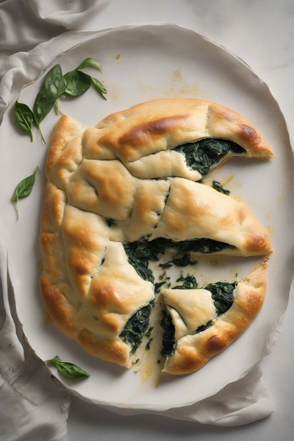 A high-resolution photo of a spinach and ricotta calzone with green flecks peeking through the crust, drizzled with olive oil, under soft lighting.