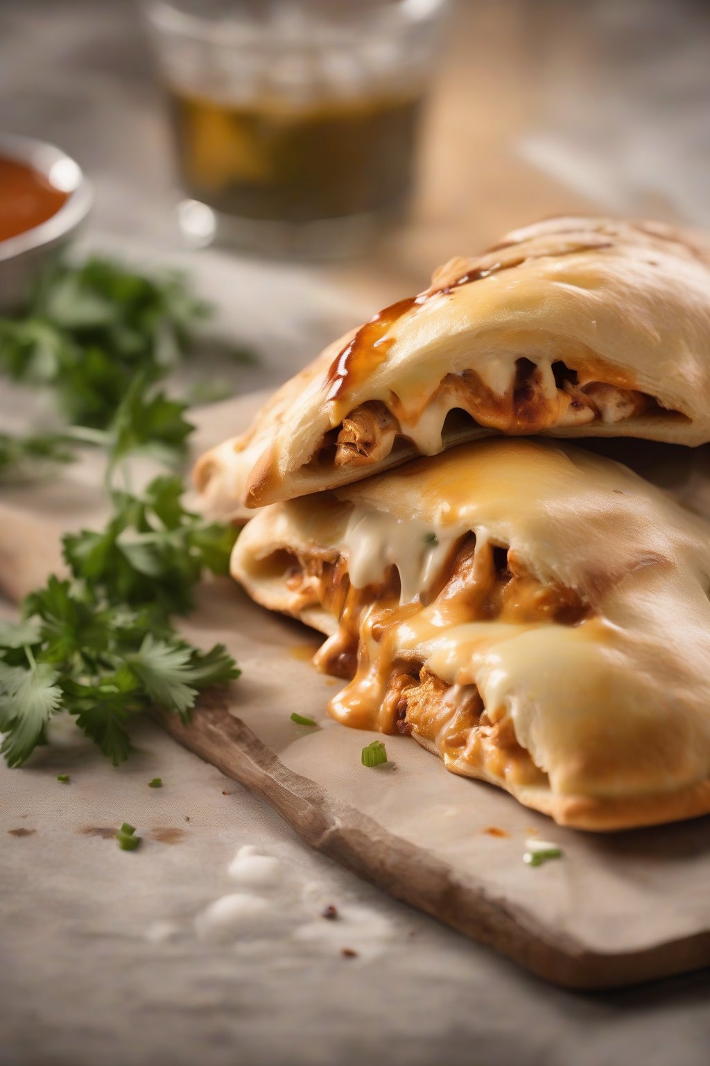 A high-resolution photo of a BBQ chicken calzone oozing cheese and sauce, garnished with cilantro, under soft lighting.