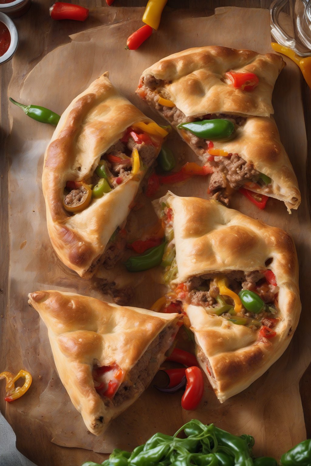 A high-resolution photo of a sausage and peppers calzone cut in half, showing colorful veggies and meat inside, under soft lighting.